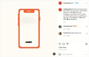 Bài đăng trên Instagram của  JUDY khuyến khích những người theo dõi đăng ký nhận thông báo SMS