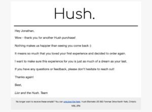 Hush Blanket sử dụng email cá nhân hóa để cảm ơn khách hàng